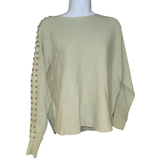 Sioni Milano Light Green Sweater With Metal Balls And Faux Suede Sz L - Picture 1 of 4